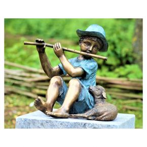 Statue Bronze enfant flûte petit mouton