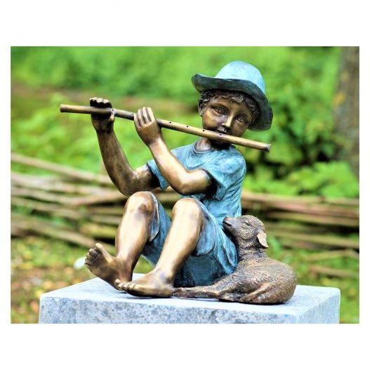 Statue Bronze enfant flûte petit mouton - Expert Bassin