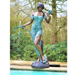 Statue Bronze Femme Avec Fleurs Fontaine
